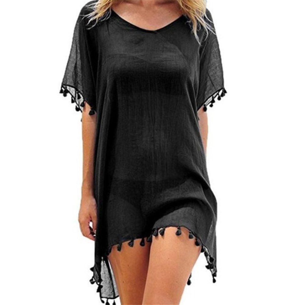 Short Summer Beach Dress Bikini Cover up Thigh Length - Black  (Restocked) - Picture 3 of 4